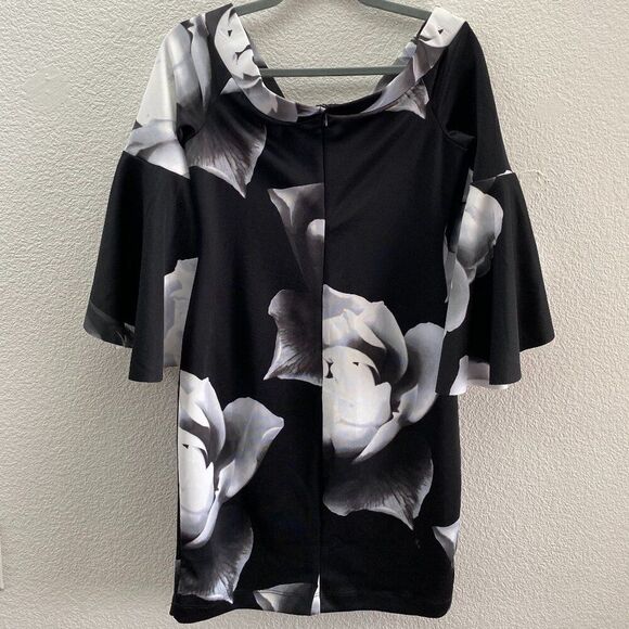 Venus Black & White Floral Bell-Sleeve Off-Shoulder Sheath Dress Medium NWT - Picture 2 of 4